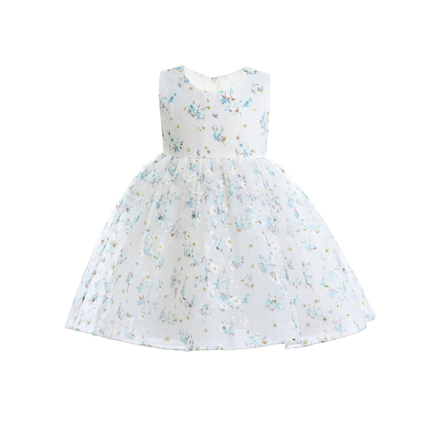 Blue Floral Print Bow Dress