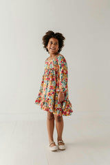 Girls Peasant Shirred Waist Dress in Cooper Painterly Floral