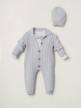 Blue 3-Piece Cable Knit Romper, Bodysuit & Beanie Set