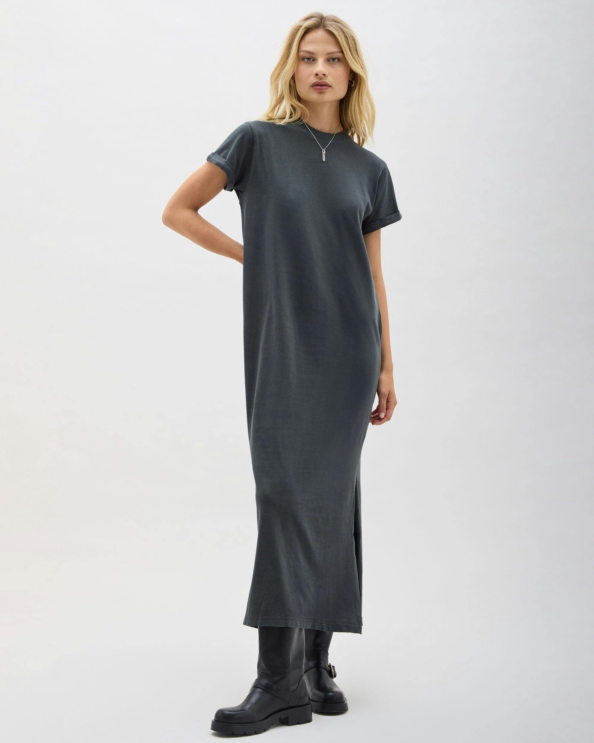 Womens Relaxed Tee Maxi Dress - Pigment Dye Jersey - Stretch Limo