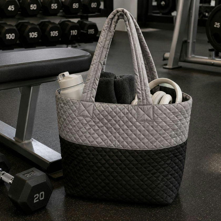 Newport Two-Tone Quilted Tote Bag with Zipper Closure - Light Grey/Black