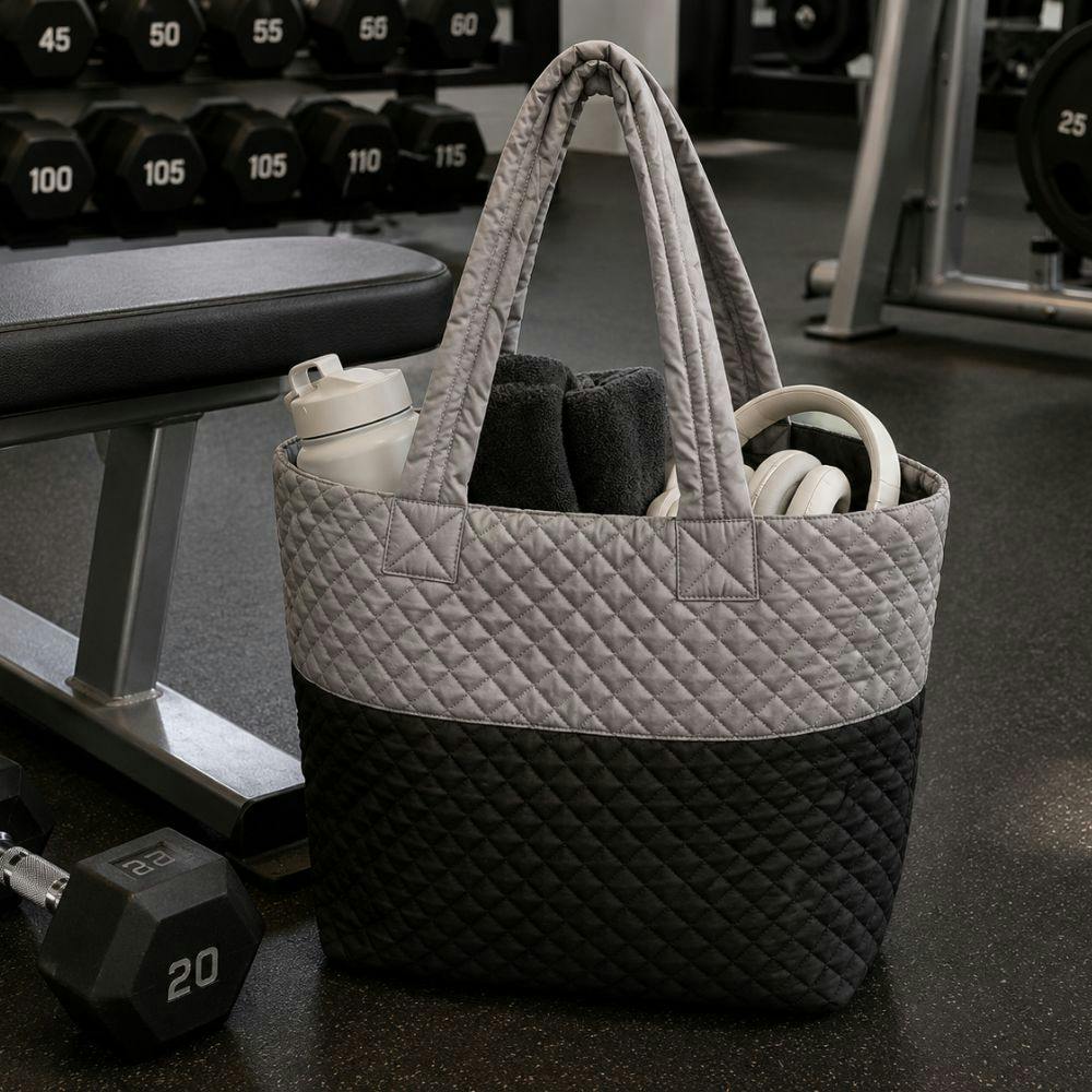 Newport Two-Tone Quilted Tote Bag with Zipper Closure - Light Grey/Black