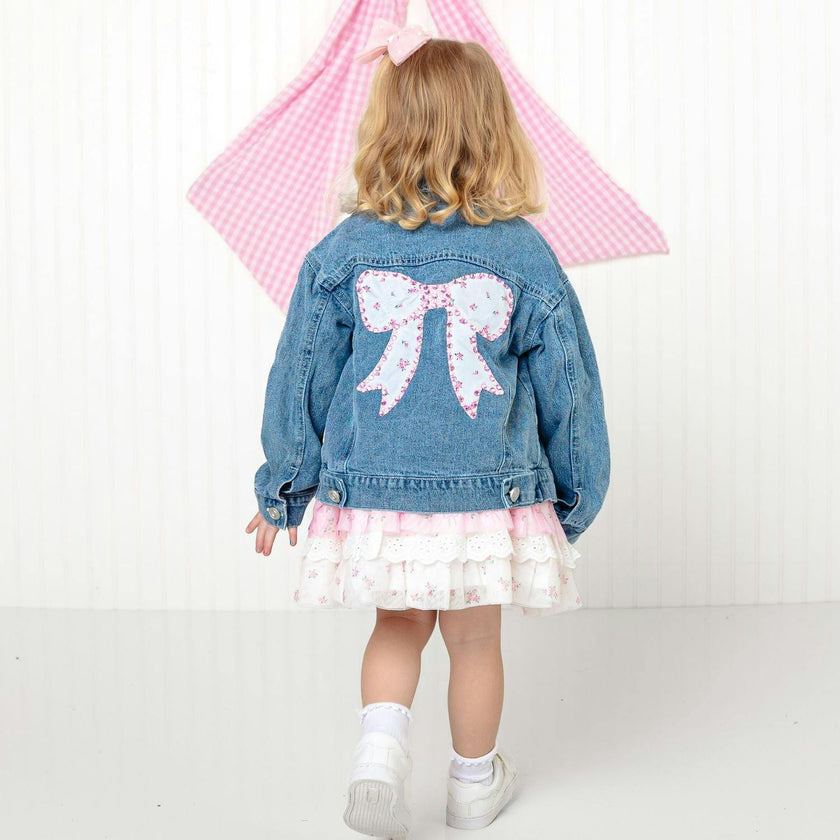Pearl and Gemstone Floral Bow Patch Denim Jacket