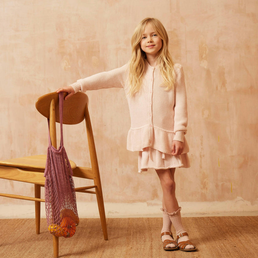 Moss Stitch Ruffled Cardigan | Blush