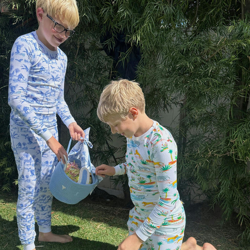Kids Skydog Toile Blue Long PJ Set - Organic Stretch Jersey Knit Cotton