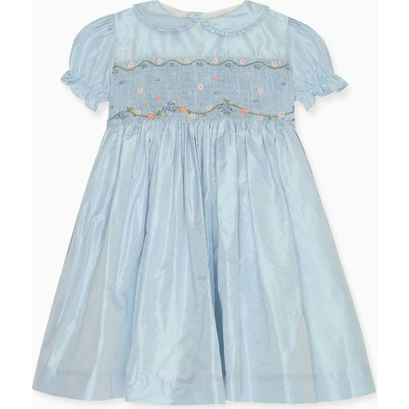 Light Blue Eva Silk Ceremony Girl Hand-Smocked Dress
