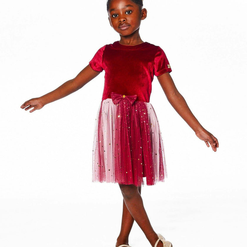 Bi-Material Short Sleeve Party Dress