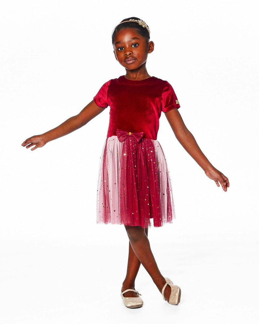 Bi-Material Short Sleeve Party Dress