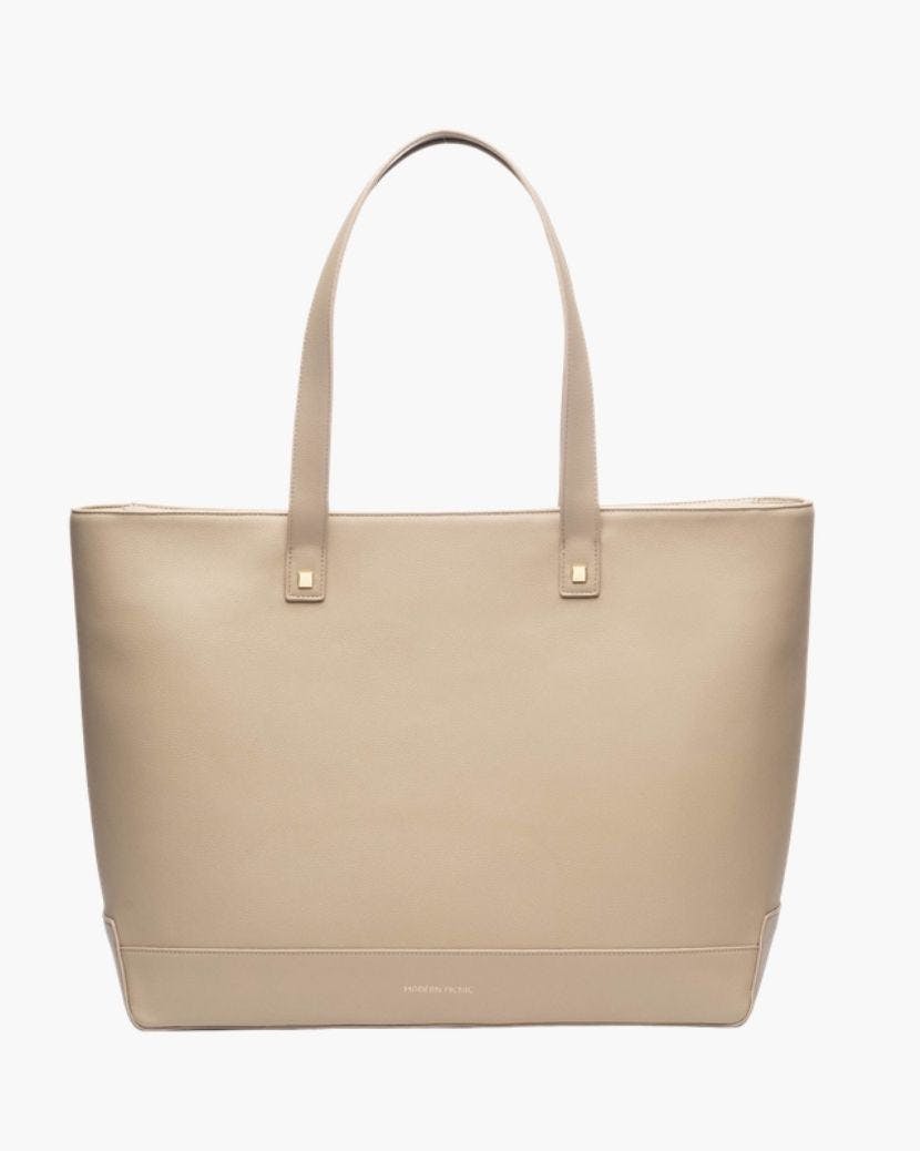 Vegan Leather Work Tote Bag with Removable Insulated Pouch, Cream