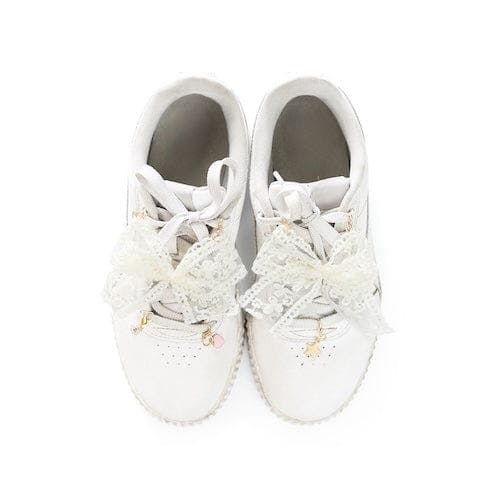 Packed Party Lace Bows and Gold Charms Shoe Charm Set 5pc - Lace Bow, Gold Star, Heart Charm, and Beaded Flower with Lobster Clips for Sneakers, 2.75x3.3 Inch