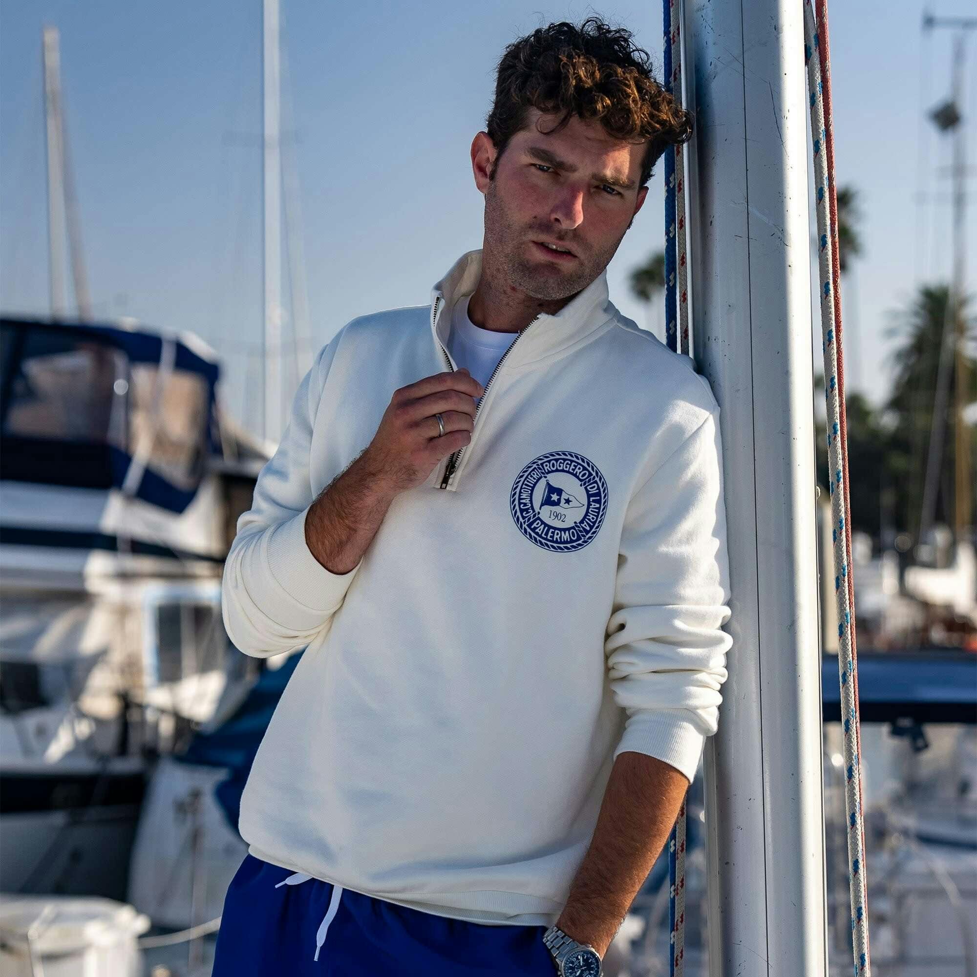 Unisex Palermo Quarter Zip - Cream Navy Organic Stretch Jersey Knit Cotton