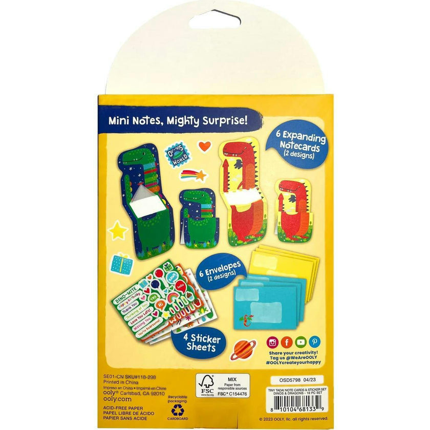 Tiny Tadas! Note Cards and Sticker Set - Dinos & Dragons - 6 Cards Envelopes