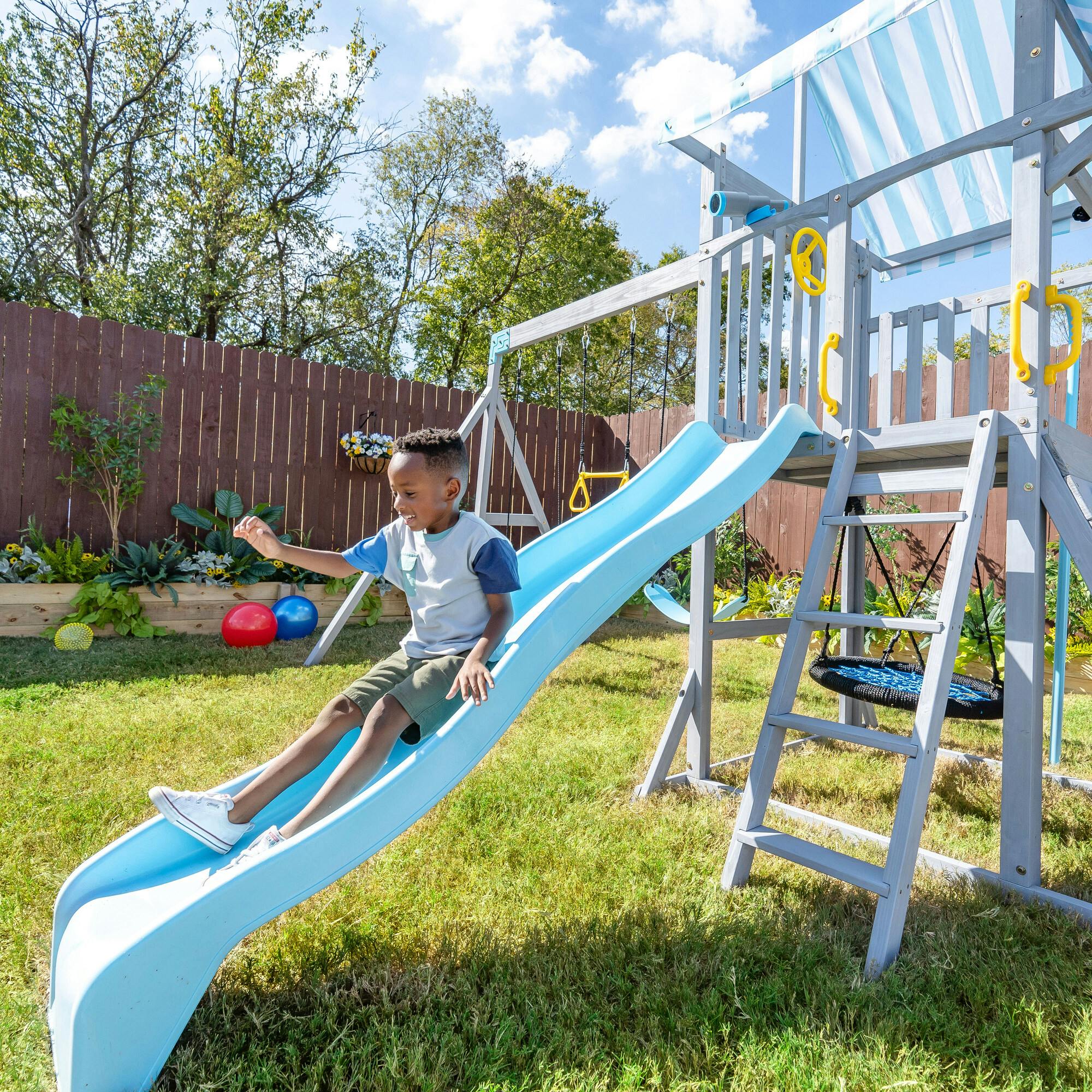 Teamson Kids Laguna Wooden Swing Set With Slide & Rock Wall