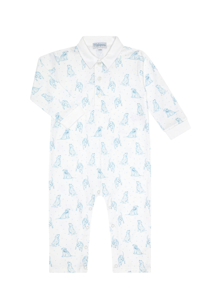 Blue Puppy Love Print Romper long sleeve