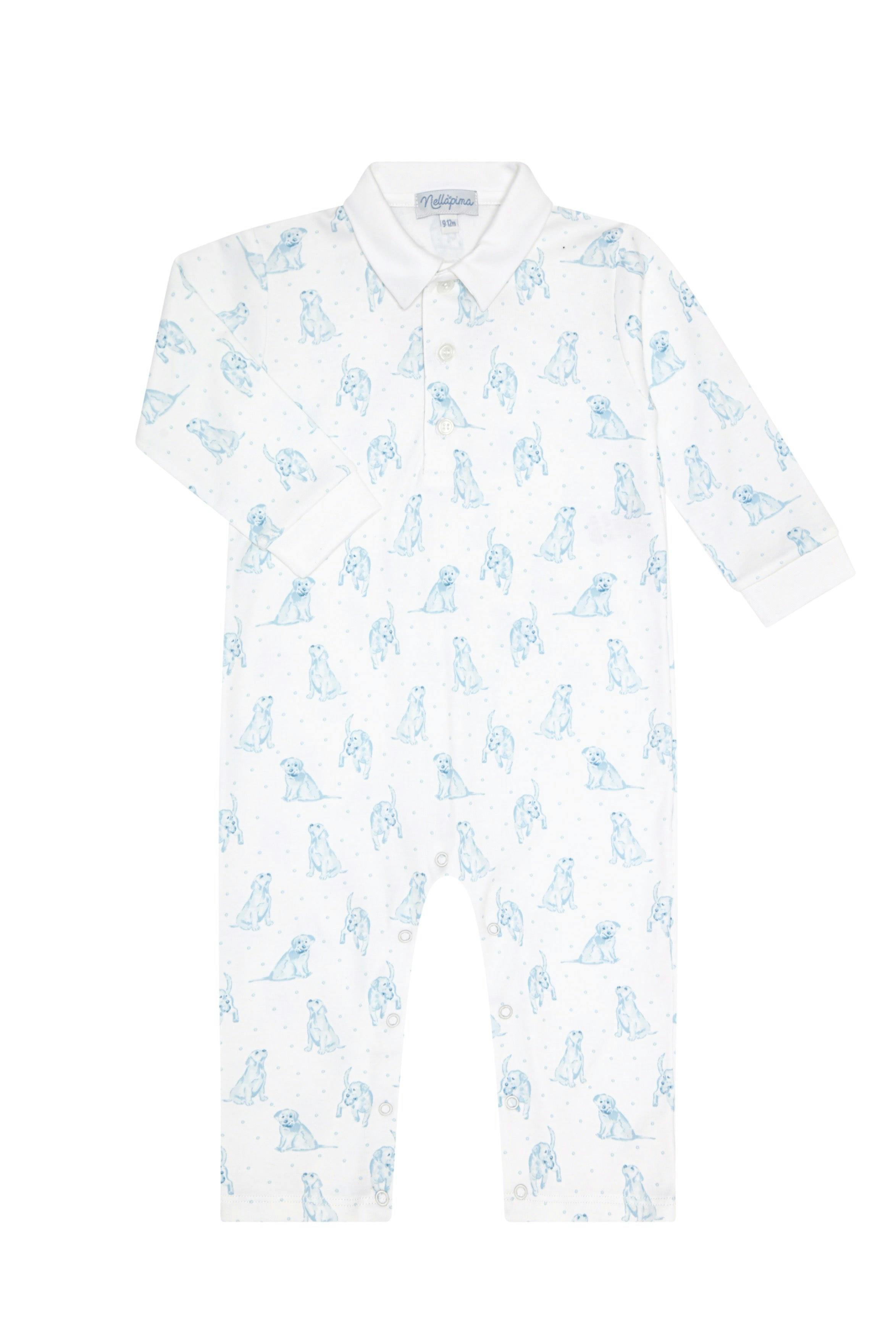 Blue Puppy Love Print Romper long sleeve