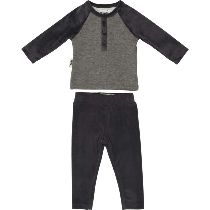 Velour Contrast Raglan Sleeve Henley Tee & Pant 2-Piece Set