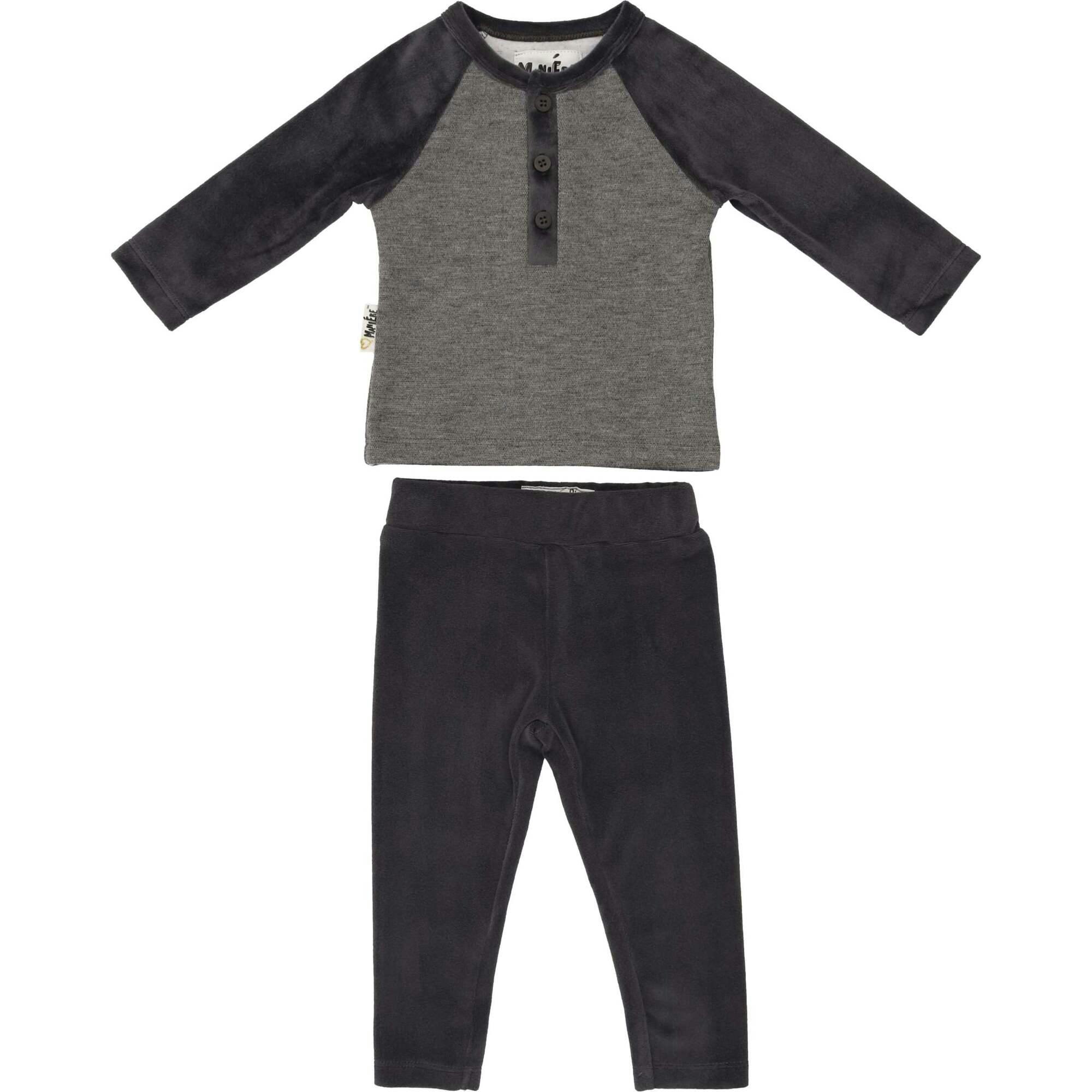 Velour Contrast Raglan Sleeve Henley Tee & Pant 2-Piece Set
