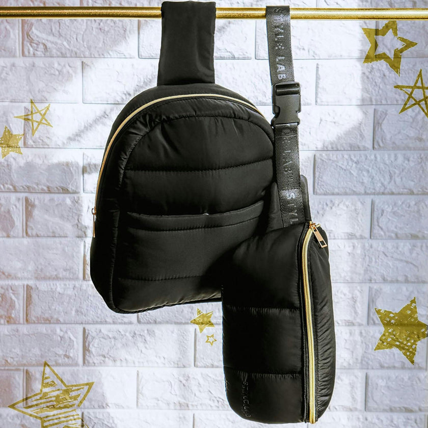 Style.Lab: Bekah Puffer Crossbody Backpack Belt Set - Black
