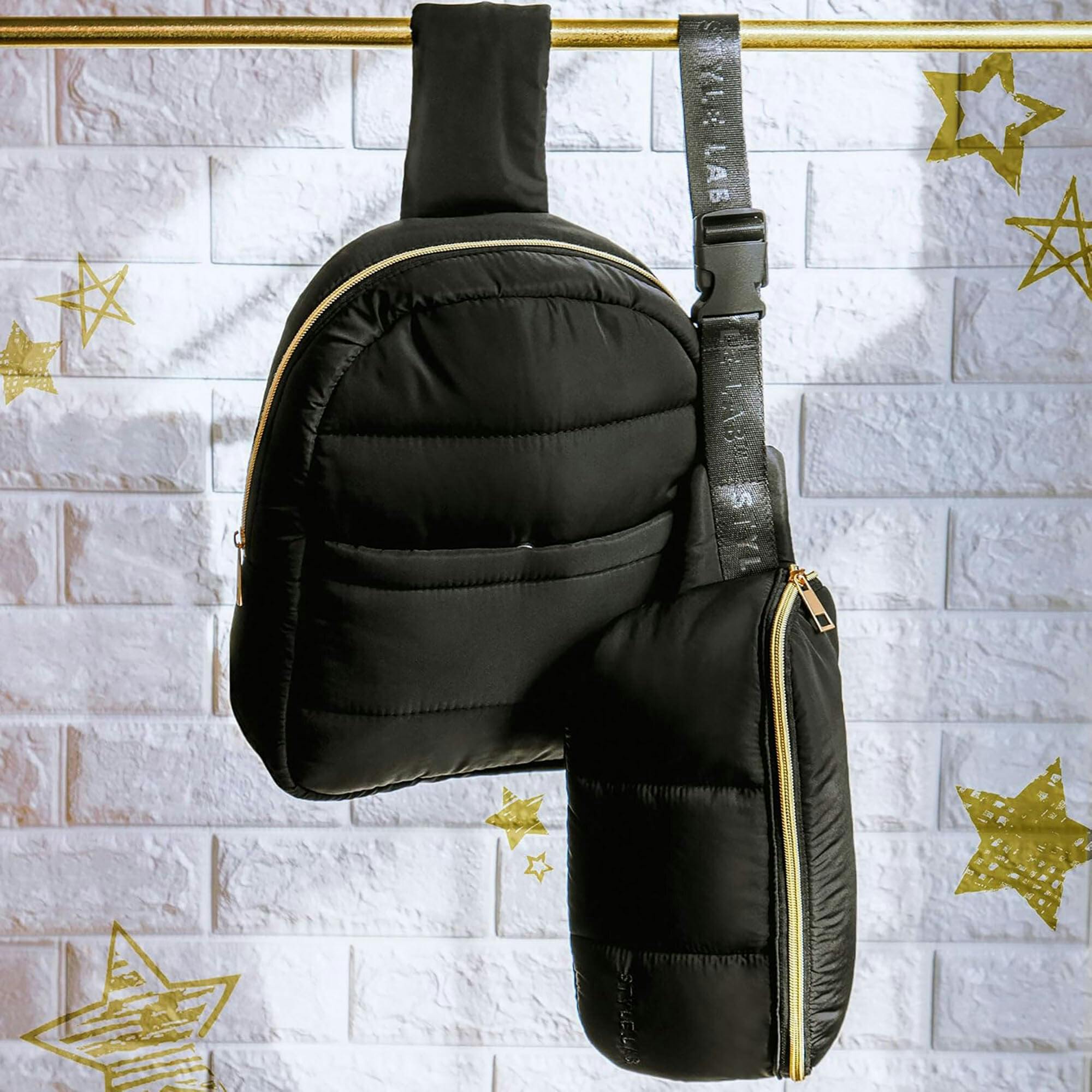 Style.Lab: Bekah Puffer Crossbody Backpack Belt Set - Black