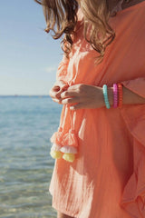 Girl's kaftan with pompoms, coral neon | LEA