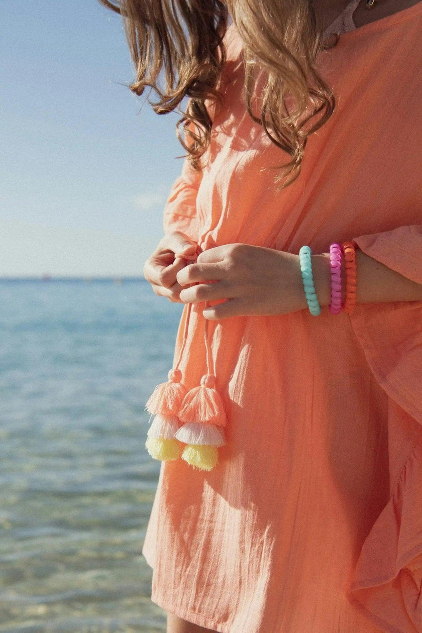 Girl's kaftan with pompoms, coral neon | LEA