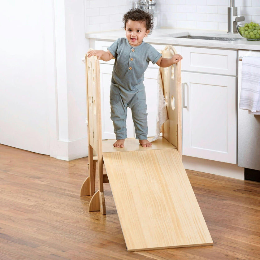 Laurel 4-in-1 Foldable Kitchen Tower, Step Stool, Slide & Chalkboard for Toddlers