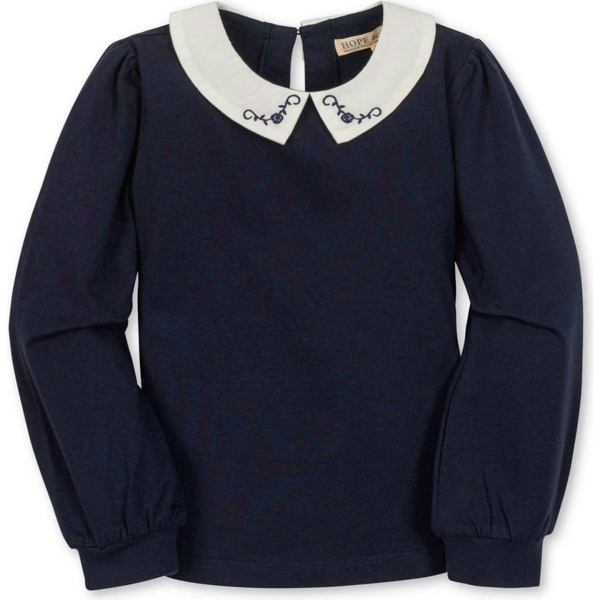 Organic Long Sleeve Knit Top with Woven Collar, Blue