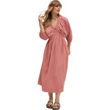 Soipoi Ruched V-Neck Midi Dress