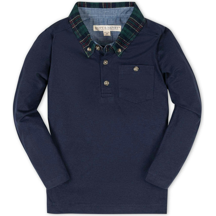 Organic Long Sleeve Polo Shirt with Woven Collar, Blue