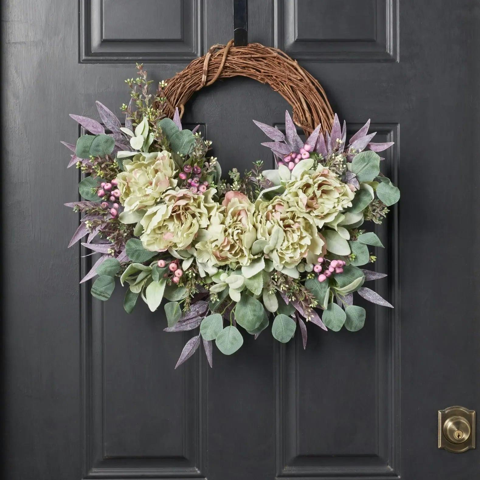 Purple Seeded Boxwood, Eucalyptus & Peony Spring Summer Front Door Wreath
