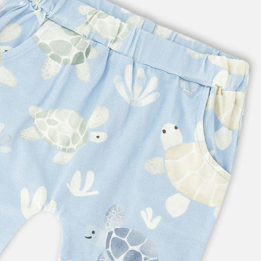 Organic Cotton Jersey T-Shirt And Pants Set Medium Blue And Blue Turtle Print