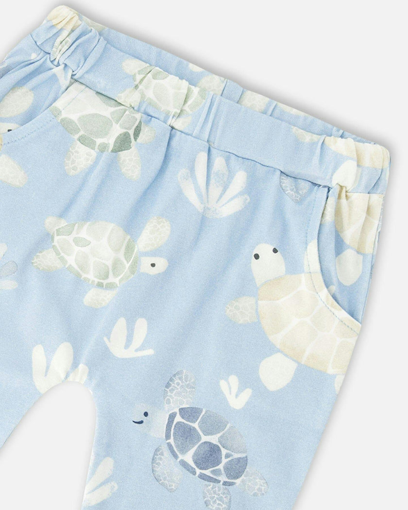 Organic Cotton Jersey T-Shirt And Pants Set Medium Blue And Blue Turtle Print