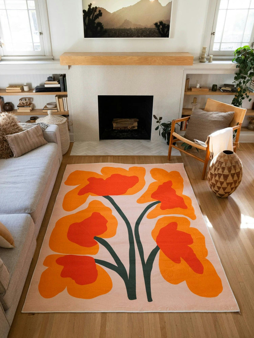 Orange Abstract Floral Sprig Rug by Sophie Deller