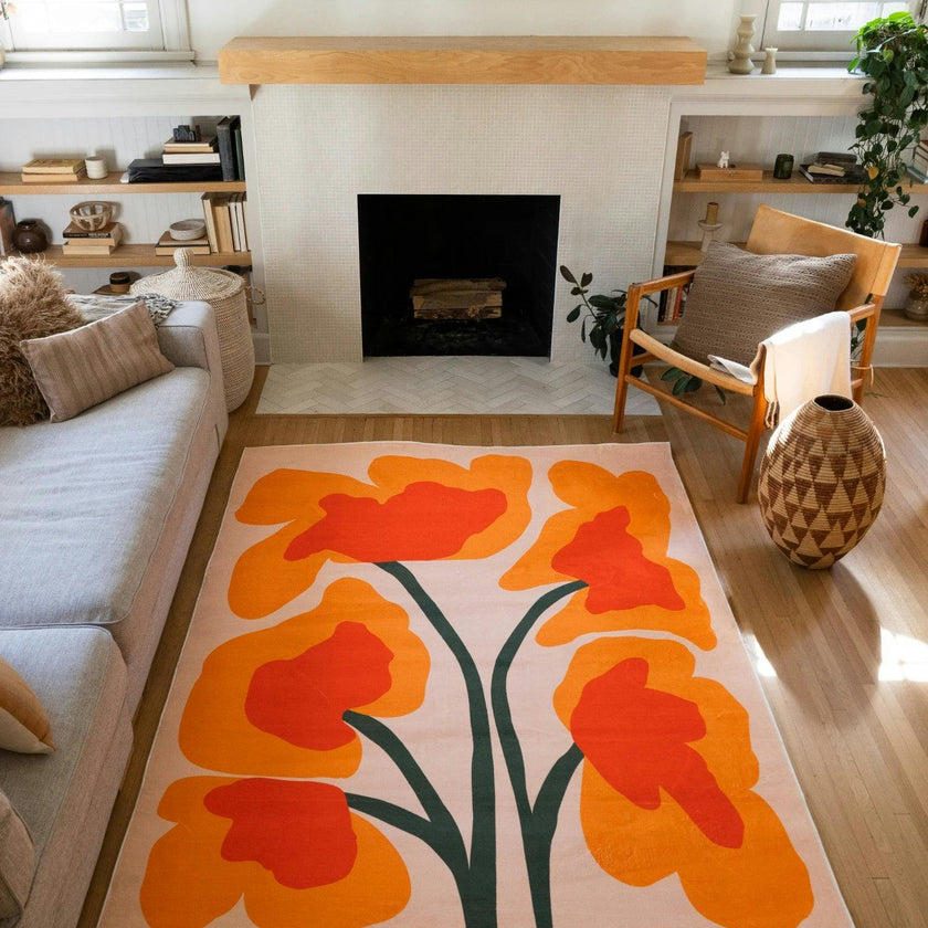 Orange Abstract Floral Sprig Rug by Sophie Deller