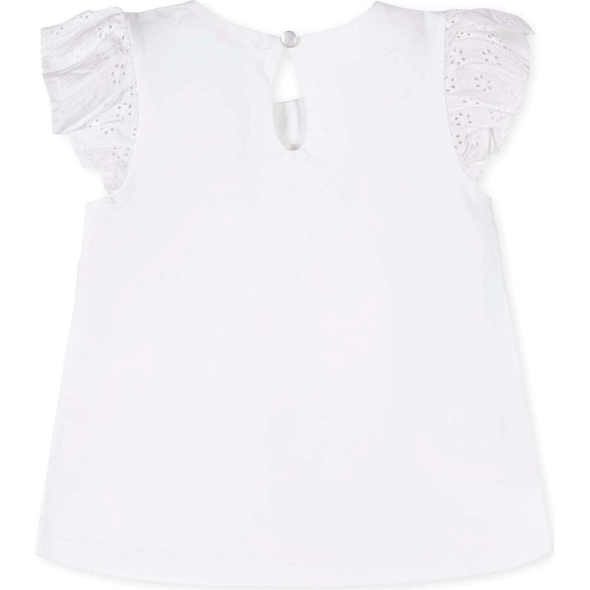 Organic Knit Top with Eyelet Flutter Sleeves, White
