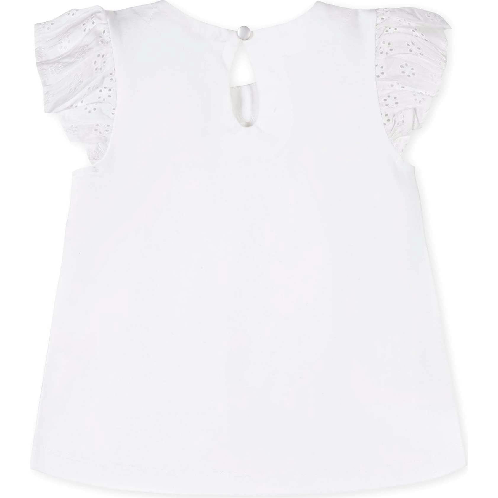 Organic Knit Top with Eyelet Flutter Sleeves, White