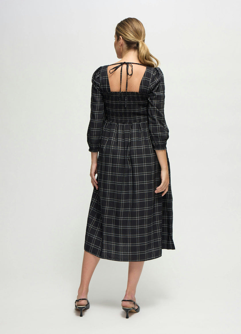 Plaid Smocked Ruffle Sleeve Maternity Midi Dress