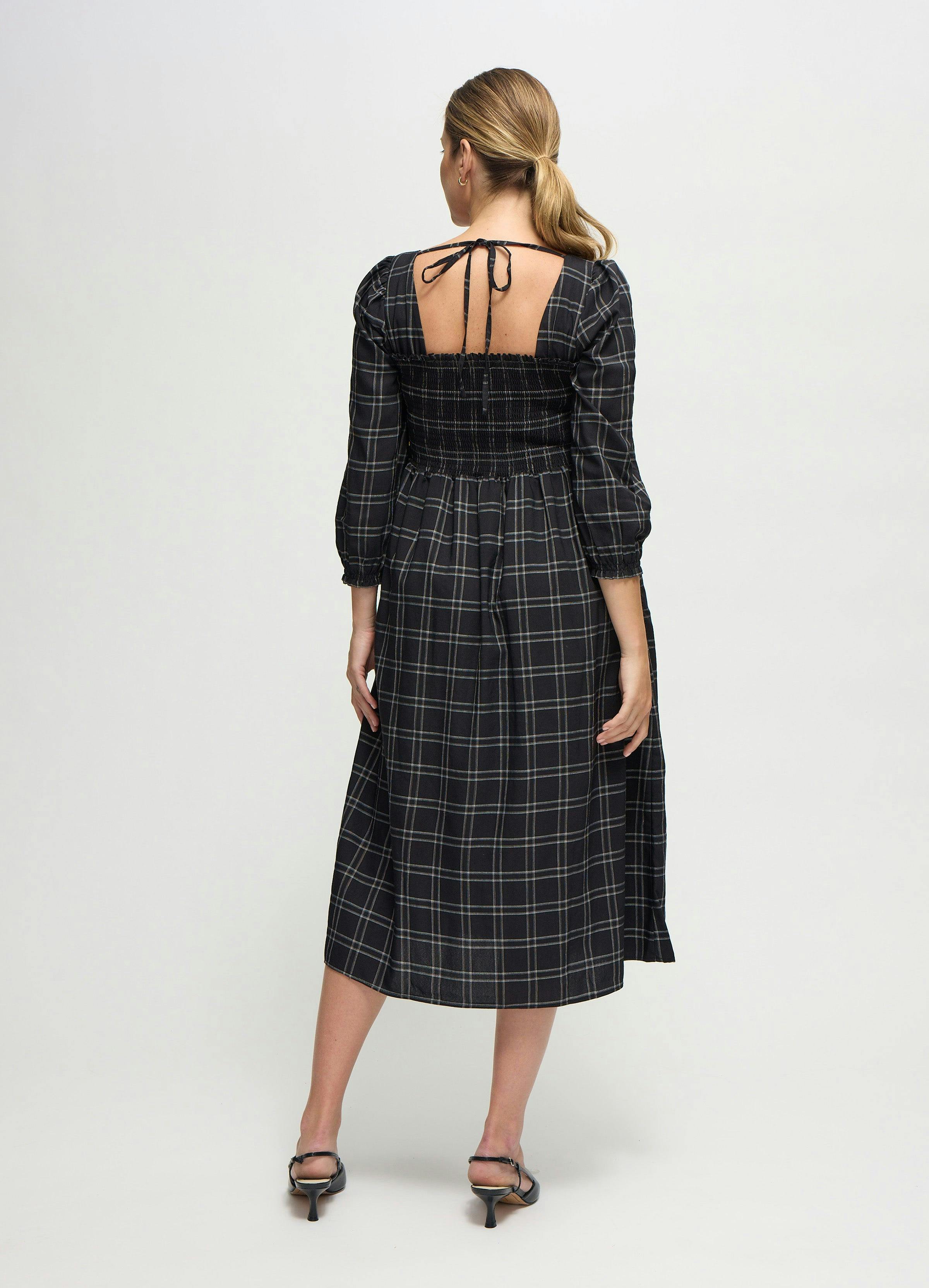 Plaid Smocked Ruffle Sleeve Maternity Midi Dress