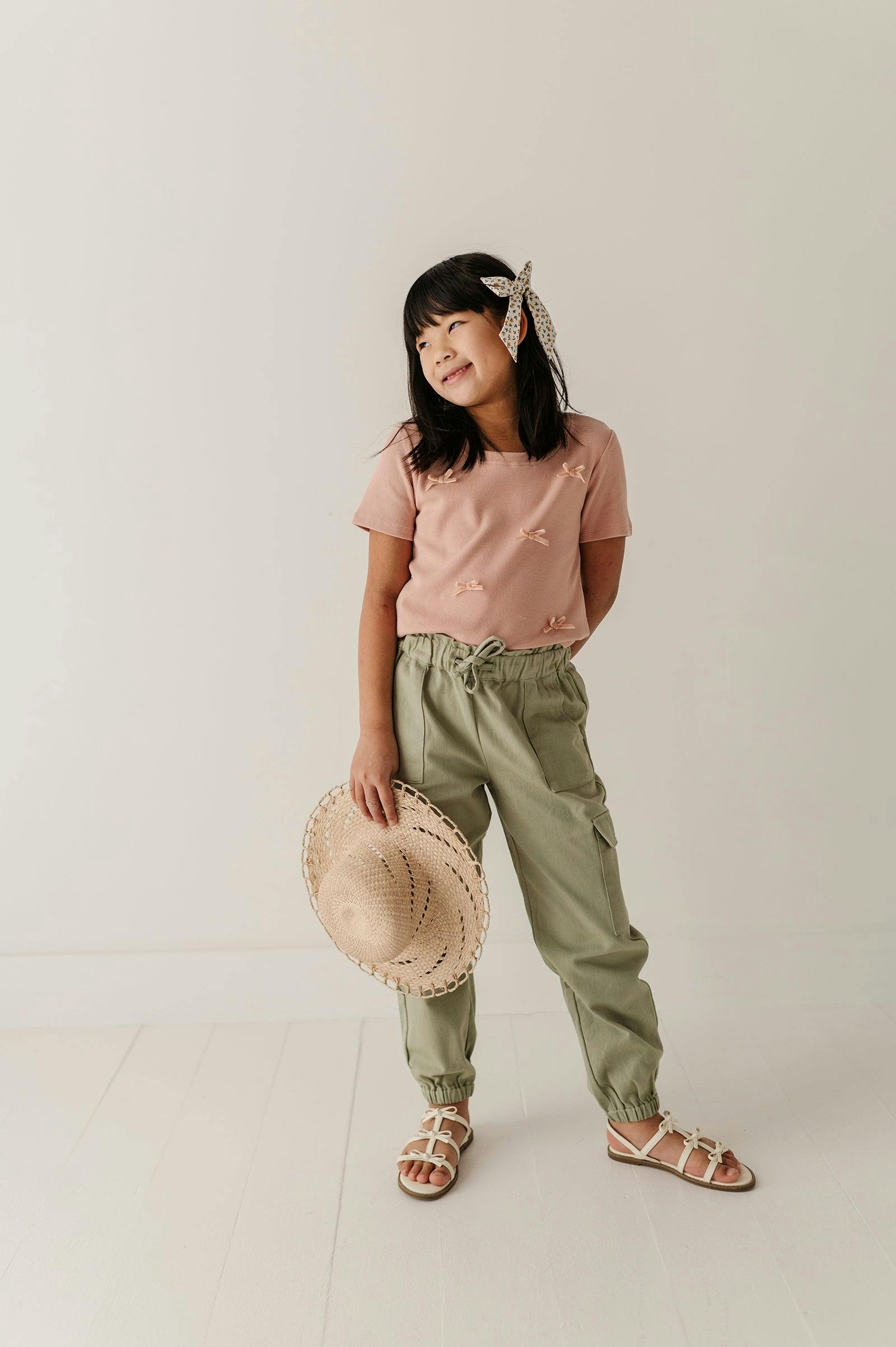Girls Ribbed Short Sleeve Tee in Rose Cloud Bows