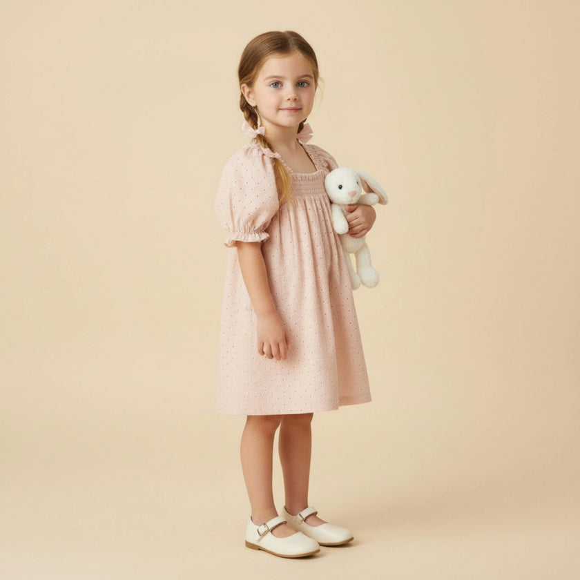 Organic Eyelet Bubble Sleeve Dress - Blush Eyelet