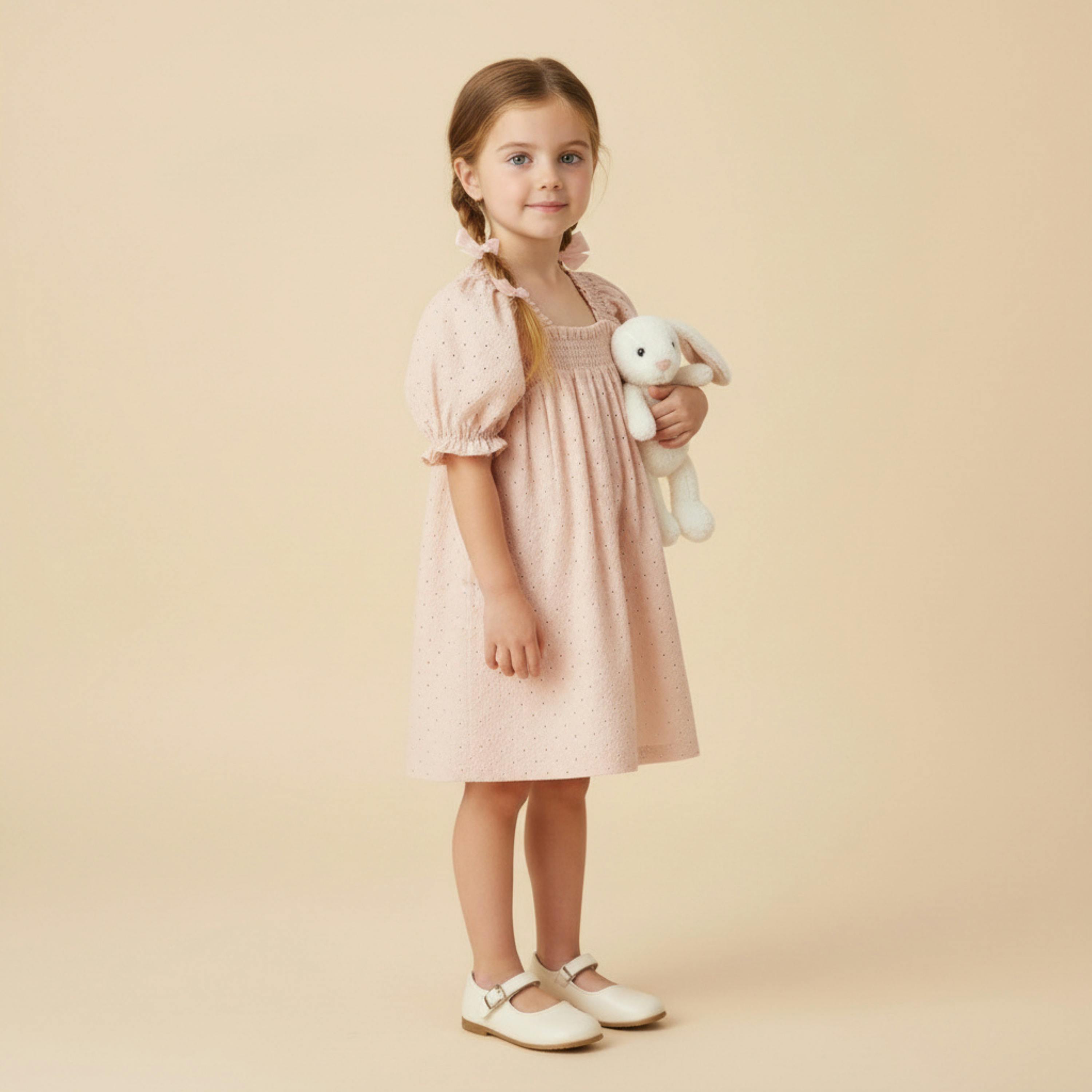 Organic Eyelet Bubble Sleeve Dress - Blush Eyelet
