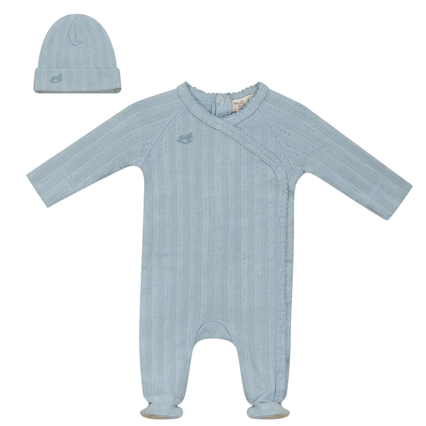 Wrap Ribbed Pointelle Romper and Hat Two Piece Set