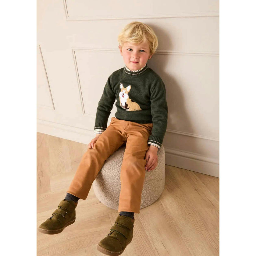 Corgi Embroidered Button Detail Jumper in Green (18mths-10yrs)