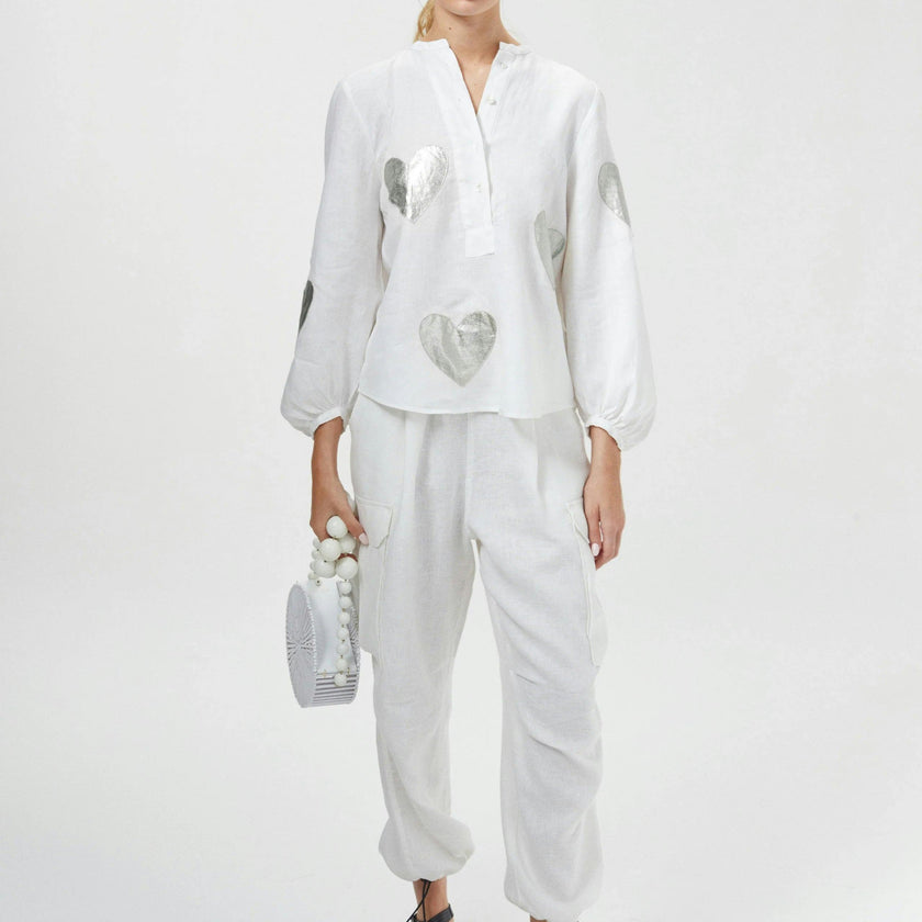 Cupid Linen Shirt - Off-white with Silver Hearts