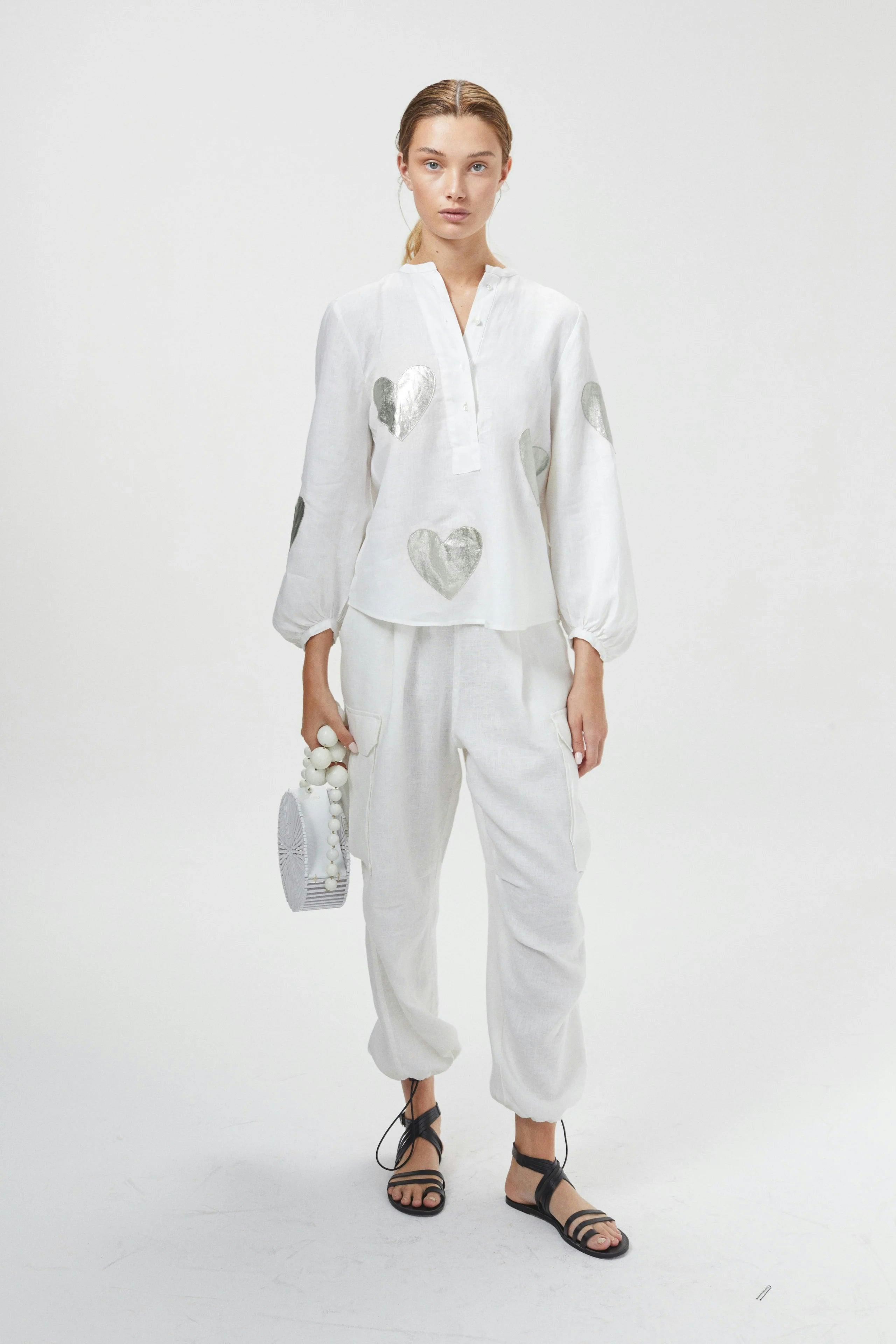 Cupid Linen Shirt - Off-white with Silver Hearts