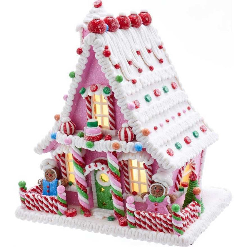 10-Inch Pink Battery-Operated Candy LED Gingerbread House Table Piece
