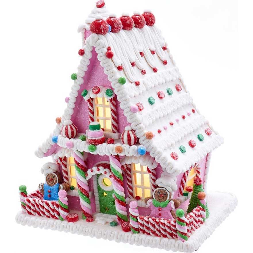 10-Inch Pink Battery-Operated Candy LED Gingerbread House Table Piece