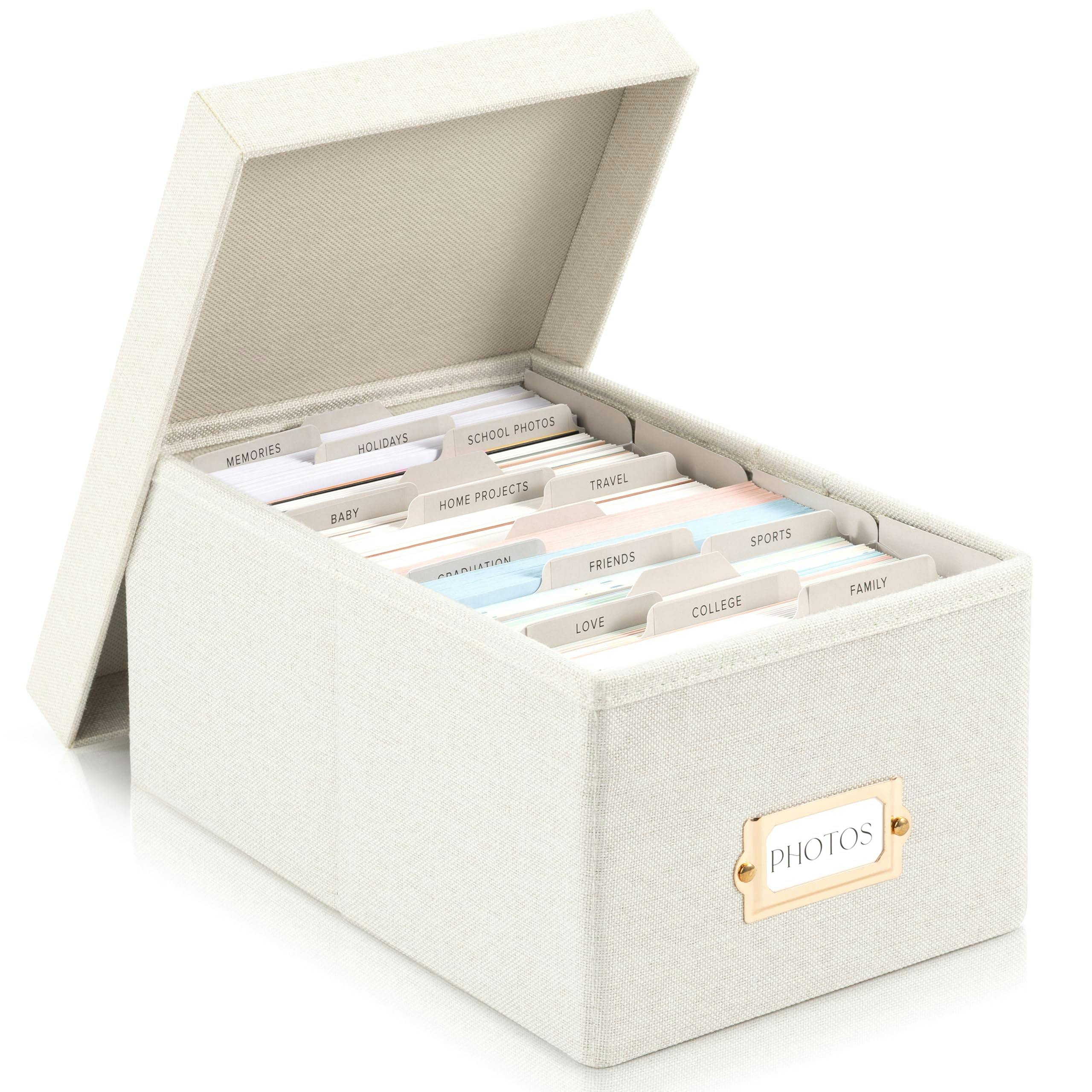 Decorative Photo Storage Box - Sturdy Linen Photo Organizer with Dividers - Stores Up to 850 4x6 Photos - Portable Scrapbook Storage Container with Lid