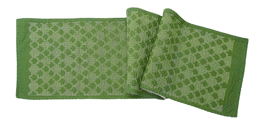 Artisan Hand Loomed Cotton Table Runner - Green Ginkgo - 18"x96"