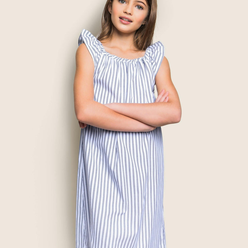 Girl's Twill Isabelle Nightgown in Navy French Ticking